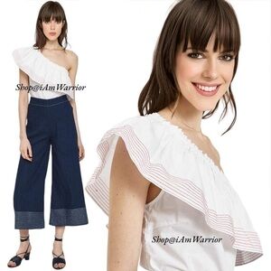 Farrow wide ruffle one shoulder embroidered striped top *shop@iamwarrior